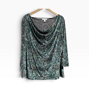 Dressbarn Paisley Velvet Cowl Neck Top 3X Boho Teal Jewel Tone Whimsy Romantic